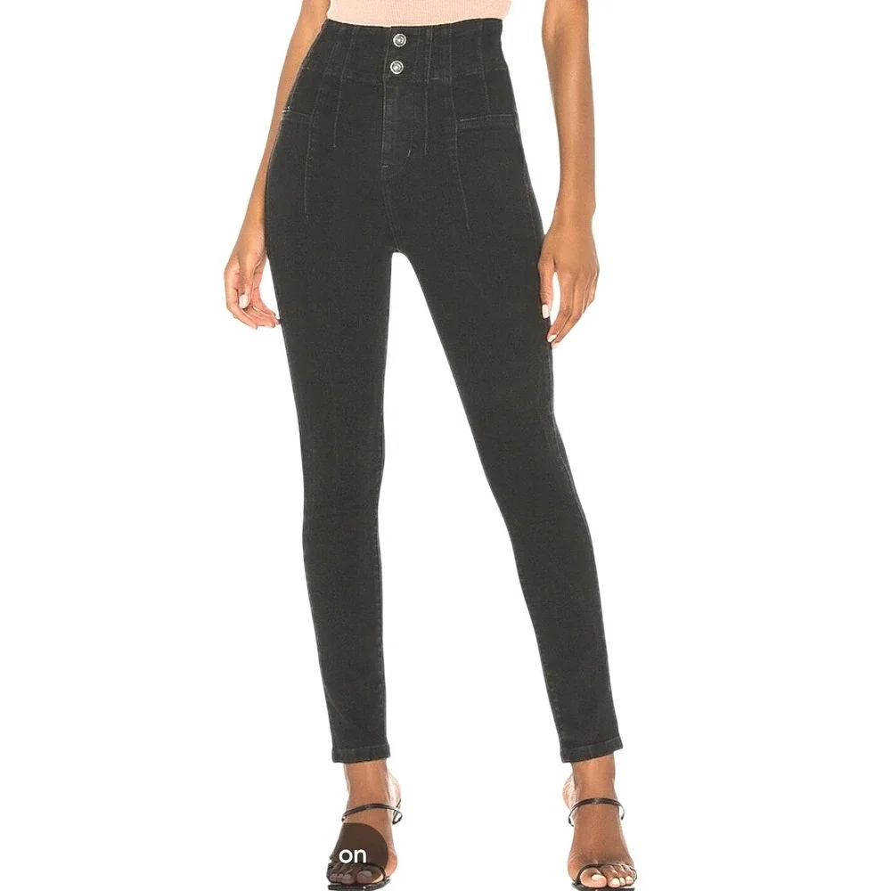 Free People Jayde Skinny Jeans 26 Washed Black High Rise Corset OB1174411 Retro